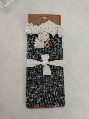 C C Boot Cuff Black Knit White Lace Buttons Country Western Girly